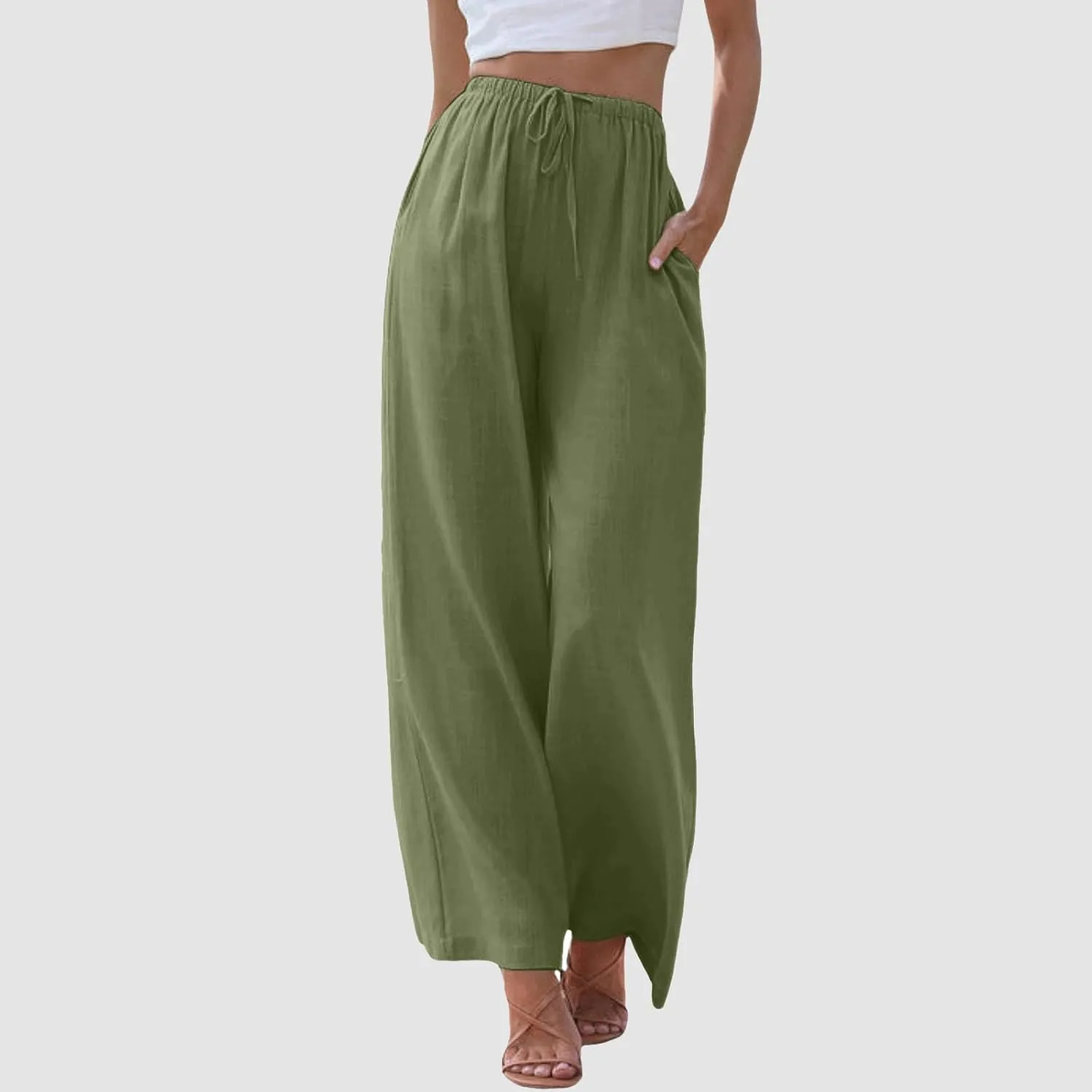 Drawstring Pants Women Straight Leg Summer Breathable Wide Leg Casual Comfy High Waist Palazzo Trousers with Pocket