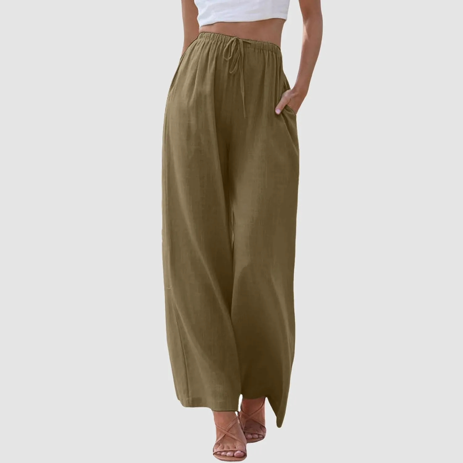 Drawstring Pants Women Straight Leg Summer Breathable Wide Leg Casual Comfy High Waist Palazzo Trousers with Pocket