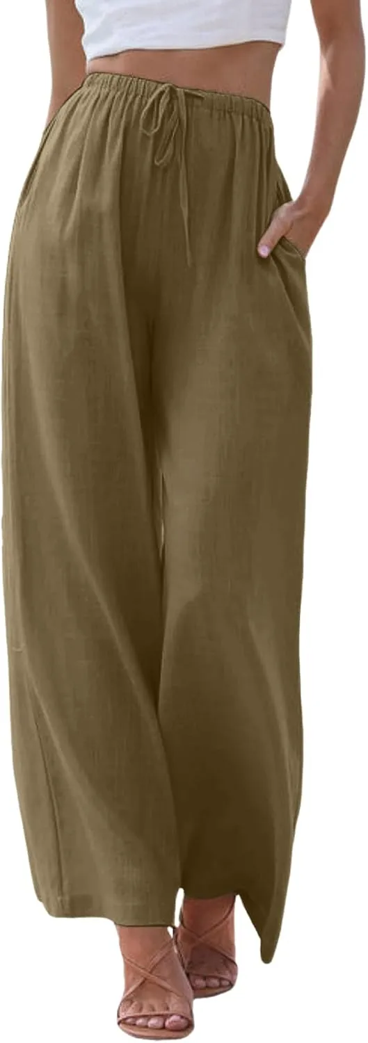 Drawstring Pants Women Straight Leg Summer Breathable Wide Leg Casual Comfy High Waist Palazzo Trousers with Pocket