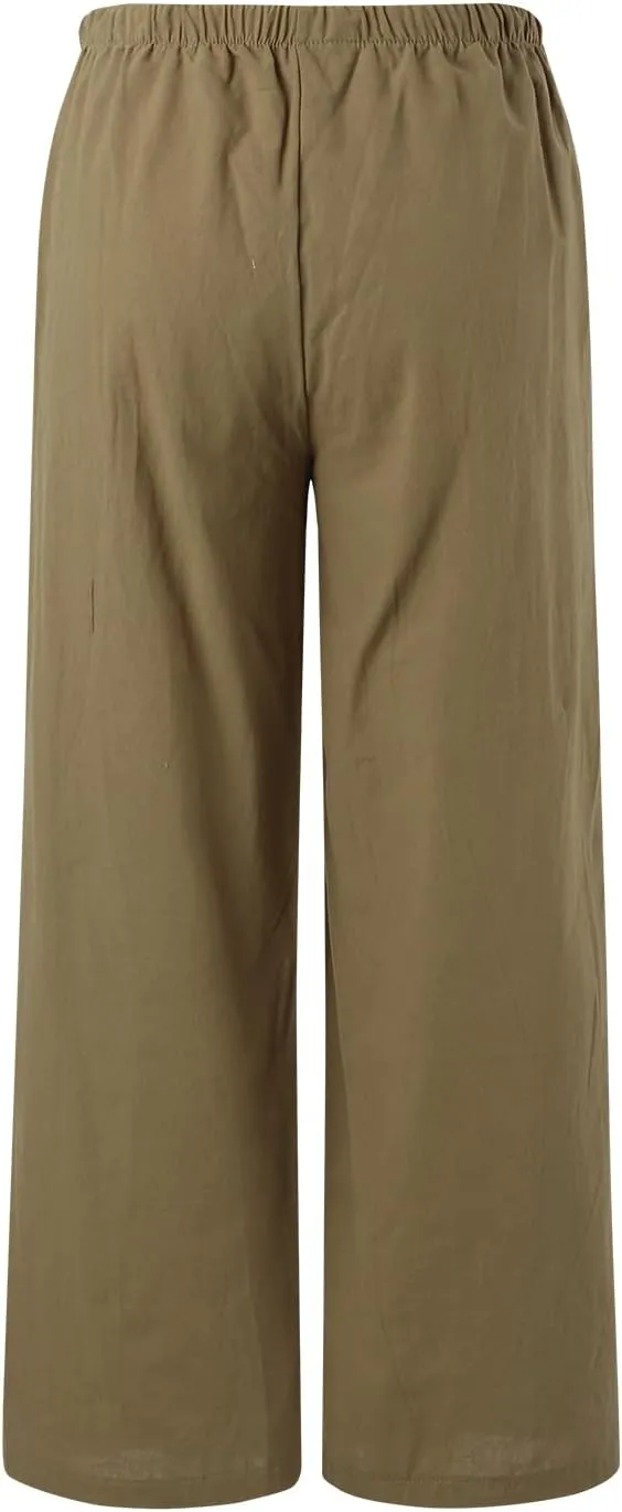 Drawstring Pants Women Straight Leg Summer Breathable Wide Leg Casual Comfy High Waist Palazzo Trousers with Pocket