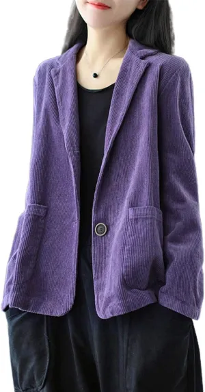 ebossy Women's Casual Relaxed Fit Notch Collar Two Button Corduroy Blazer Jacket