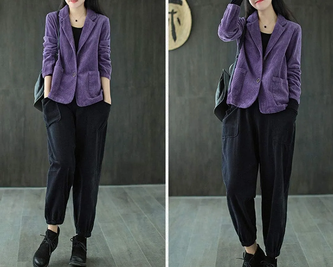 ebossy Women's Casual Relaxed Fit Notch Collar Two Button Corduroy Blazer Jacket