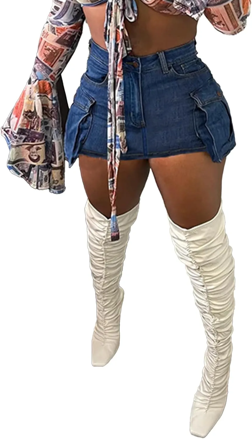 Ecirod Womens Summer Denim Pleated Mini Skorts Frayed Raw Hem High Waisted Slit Bodycon Jean Skirt Shorts with Pockets