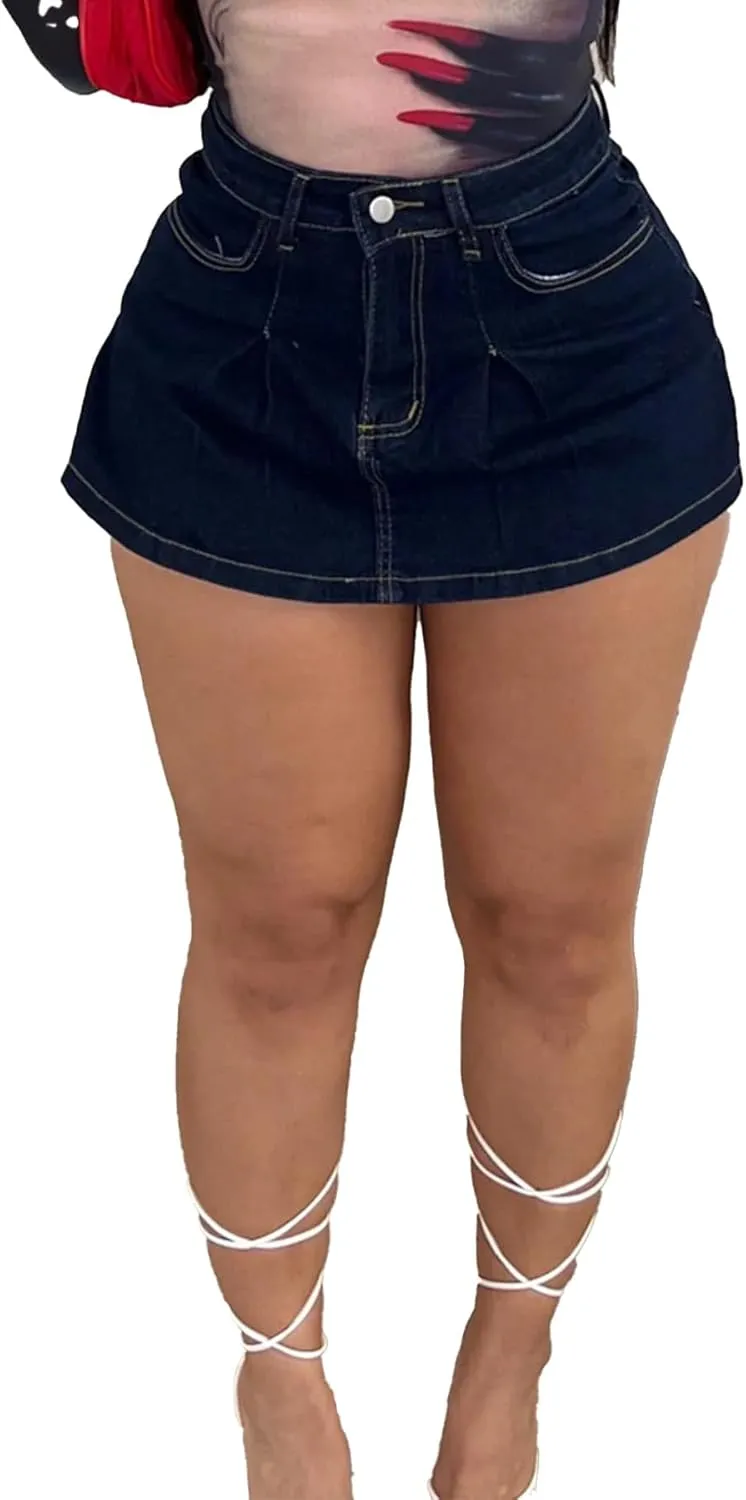 Ecirod Womens Summer Denim Pleated Mini Skorts Frayed Raw Hem High Waisted Slit Bodycon Jean Skirt Shorts with Pockets