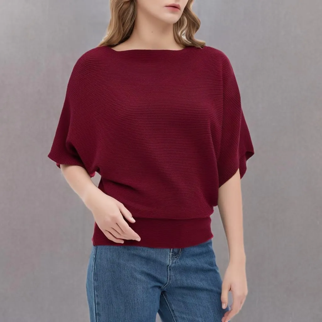 EDSTAR Women Dolman Batwing Sleeves Knitted Sweaters Winter Boat Neck Pullovers Tops