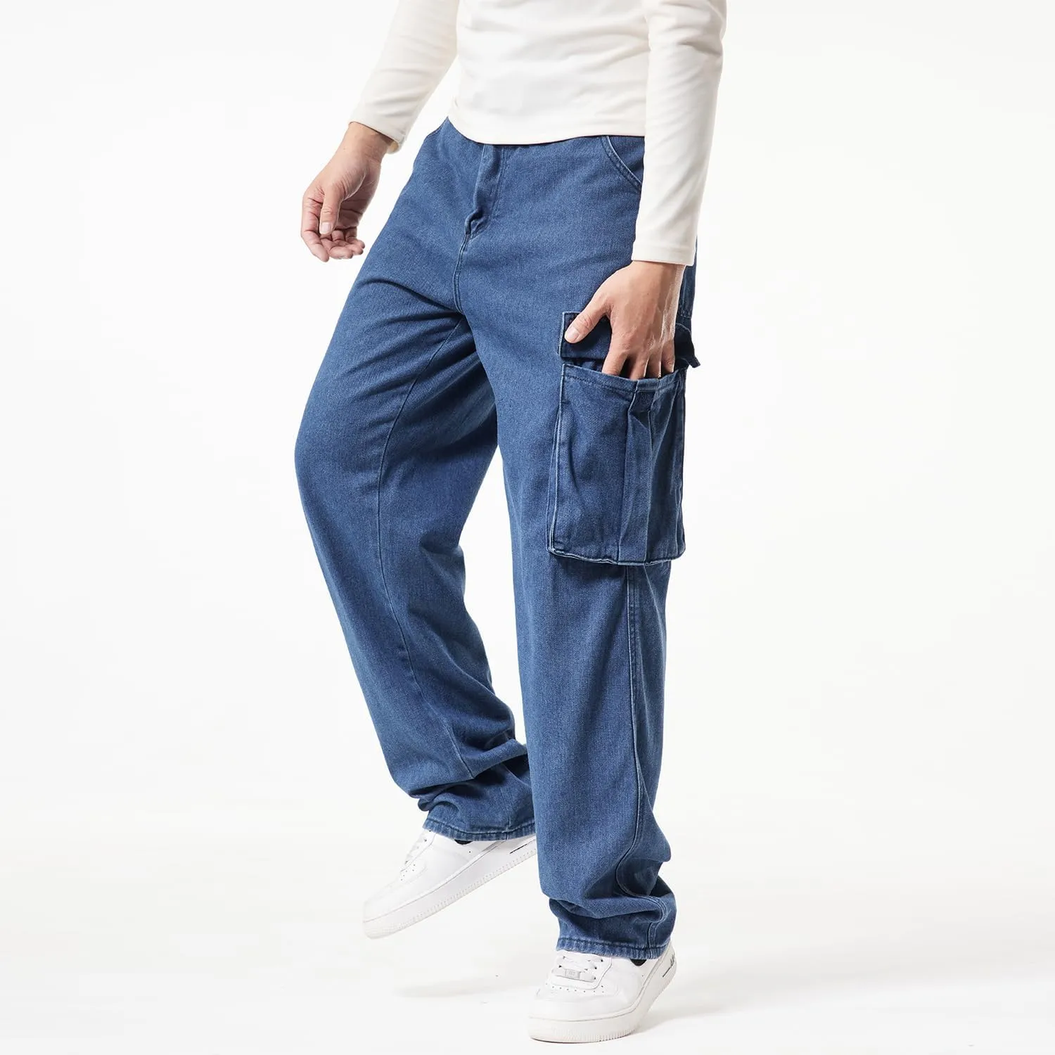 EnllerviiD Men's Baggy Cargo Jeans Straight Relaxed Fit Denim Work Pants Wide Leg Streetwear