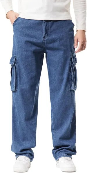 EnllerviiD Men's Baggy Cargo Jeans Straight Relaxed Fit Denim Work Pants Wide Leg Streetwear