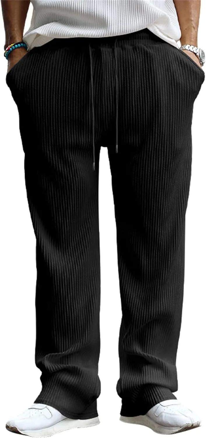 evzosrz Mens Casual Ribbed Knit Pants Straight Lightweight Drawstring Beach Yoga Pants Loose Fit Striped Long Trousers