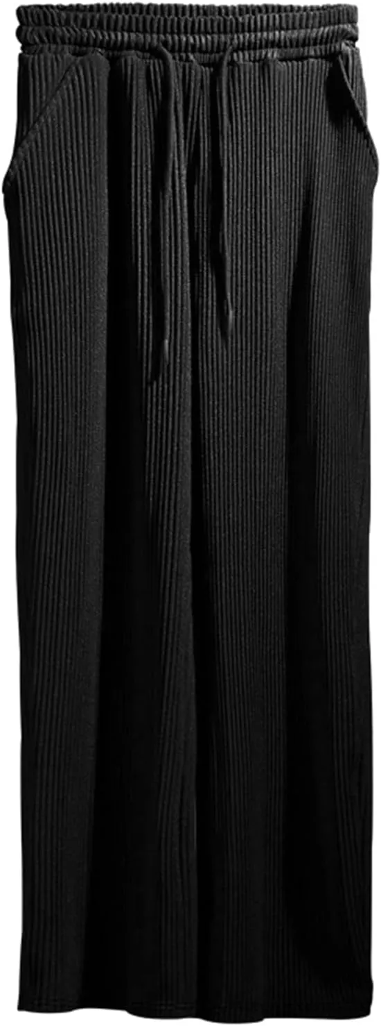 evzosrz Mens Casual Ribbed Knit Pants Straight Lightweight Drawstring Beach Yoga Pants Loose Fit Striped Long Trousers