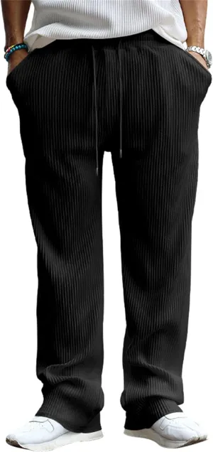 evzosrz Mens Casual Ribbed Knit Pants Straight Lightweight Drawstring Beach Yoga Pants Loose Fit Striped Long Trousers