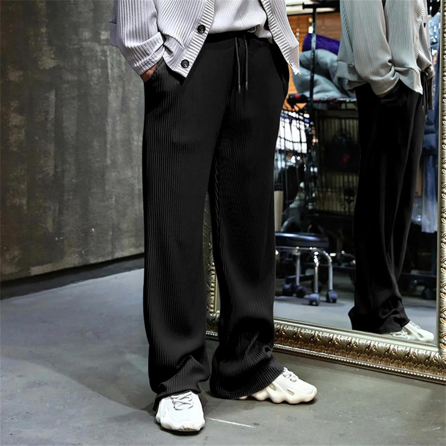 evzosrz Mens Casual Ribbed Knit Pants Straight Lightweight Drawstring Beach Yoga Pants Loose Fit Striped Long Trousers