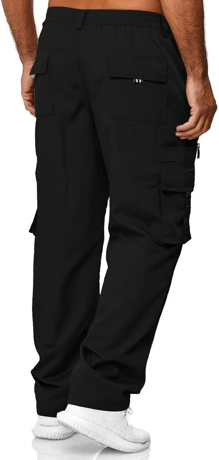 evzosrz Mens Straight Leg Cargo Pants Multi Pocket Fitness Overalls Lightweight Sports Slim Fit Trousers
