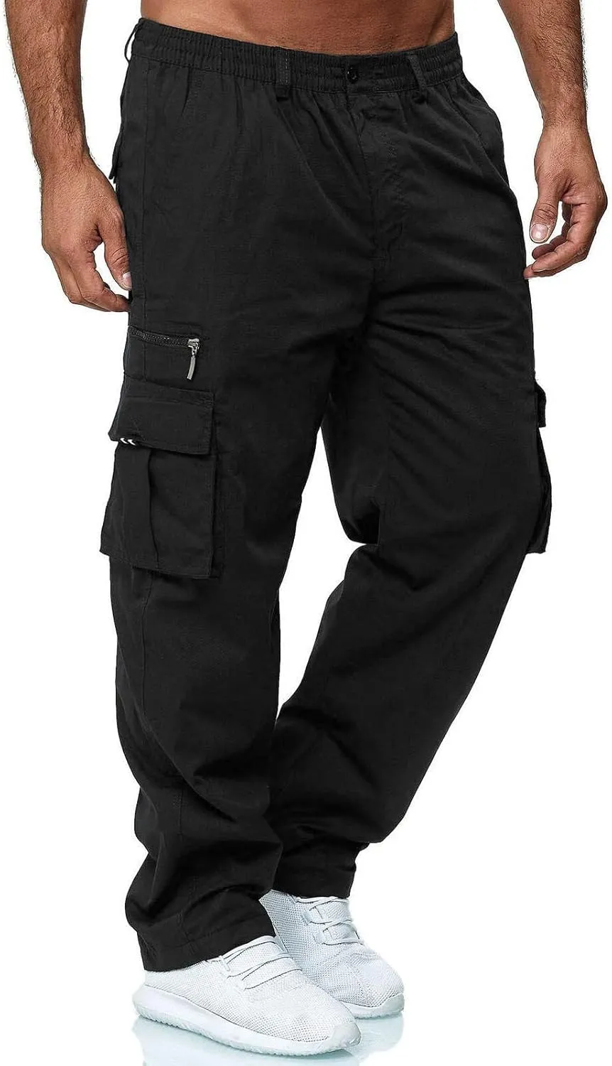 evzosrz Mens Straight Leg Cargo Pants Multi Pocket Fitness Overalls Lightweight Sports Slim Fit Trousers