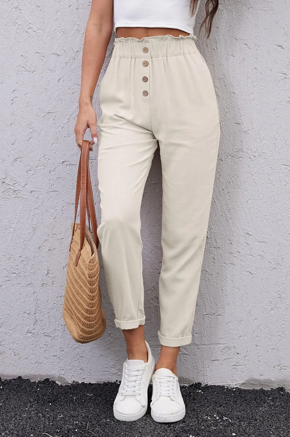 Fakanhui Women's Linen Work Pants Summer Dressy Casual Business High Waist Paperbag Cropped Pants Trouser