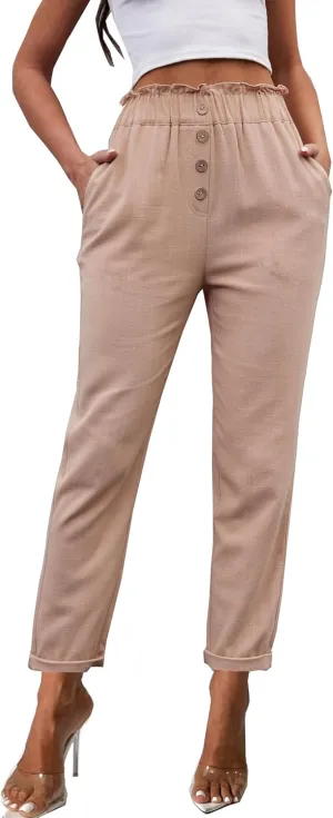 Fakanhui Women's Linen Work Pants Summer Dressy Casual Business High Waist Paperbag Cropped Pants Trouser