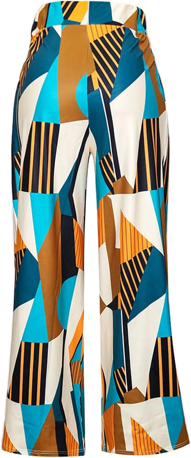 Famnbro Women's Floral Print Palazzo Pants Loose Fit Elastic High Waist Long Wide Leg Trousers Plus Size