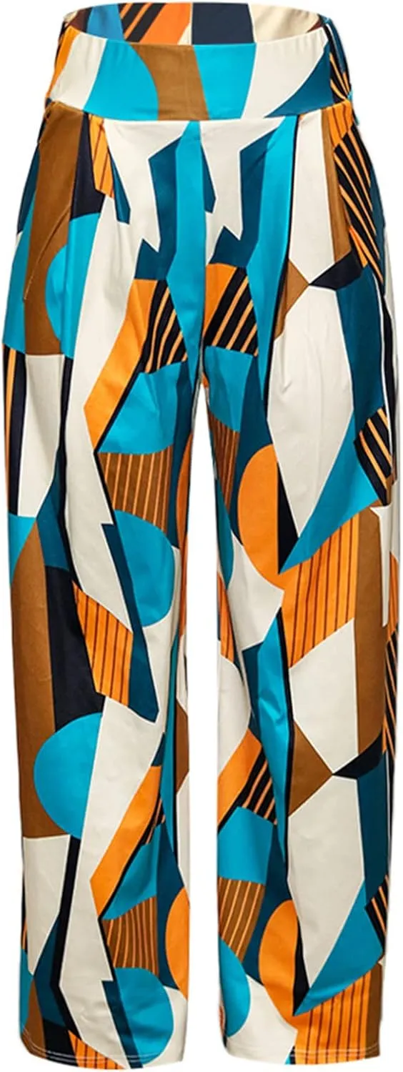 Famnbro Women's Floral Print Palazzo Pants Loose Fit Elastic High Waist Long Wide Leg Trousers Plus Size