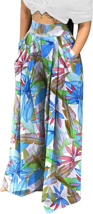 Famnbro Women's Floral Print Palazzo Pants Loose Fit Elastic High Waist Long Wide Leg Trousers Plus Size