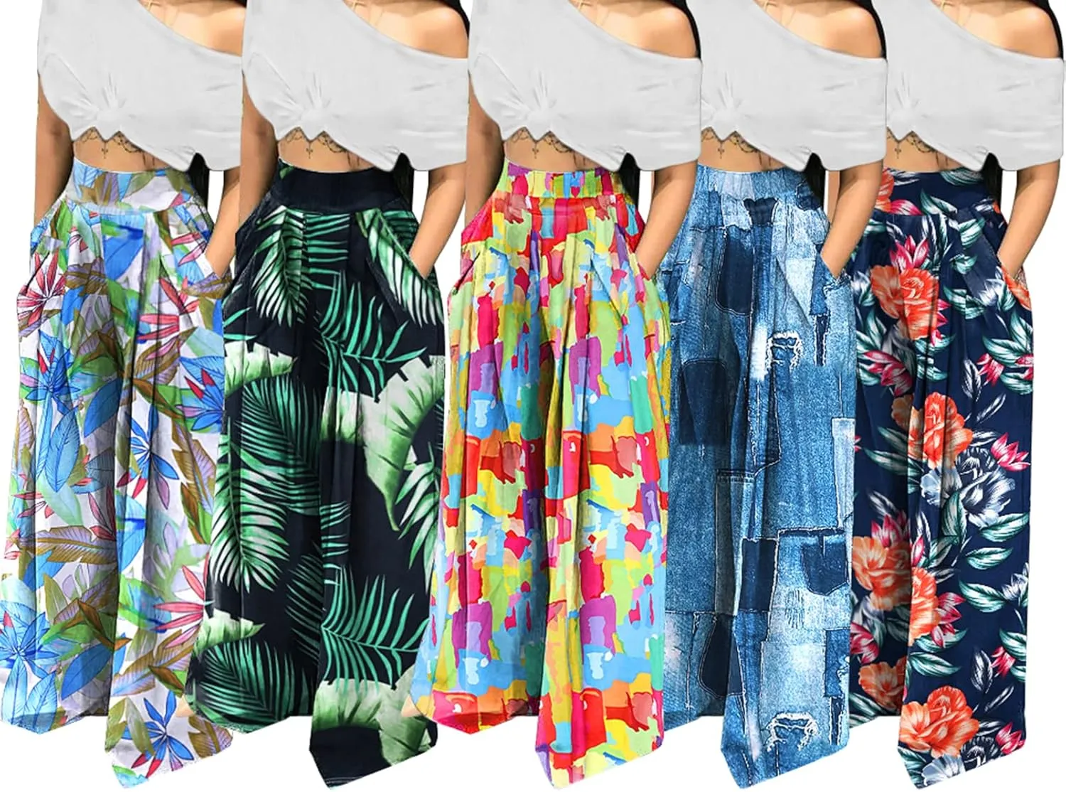 Famnbro Women's Floral Print Palazzo Pants Loose Fit Elastic High Waist Long Wide Leg Trousers Plus Size