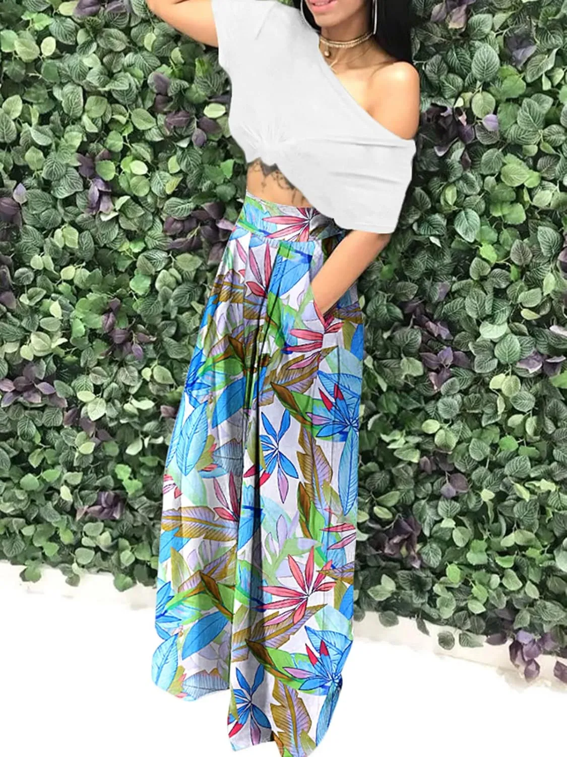 Famnbro Women's Floral Print Palazzo Pants Loose Fit Elastic High Waist Long Wide Leg Trousers Plus Size
