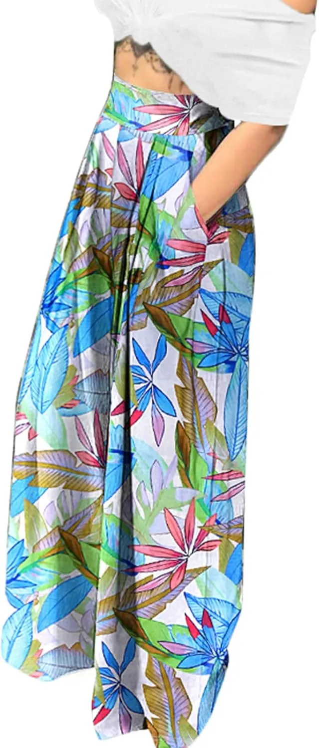 Famnbro Women's Floral Print Palazzo Pants Loose Fit Elastic High Waist Long Wide Leg Trousers Plus Size