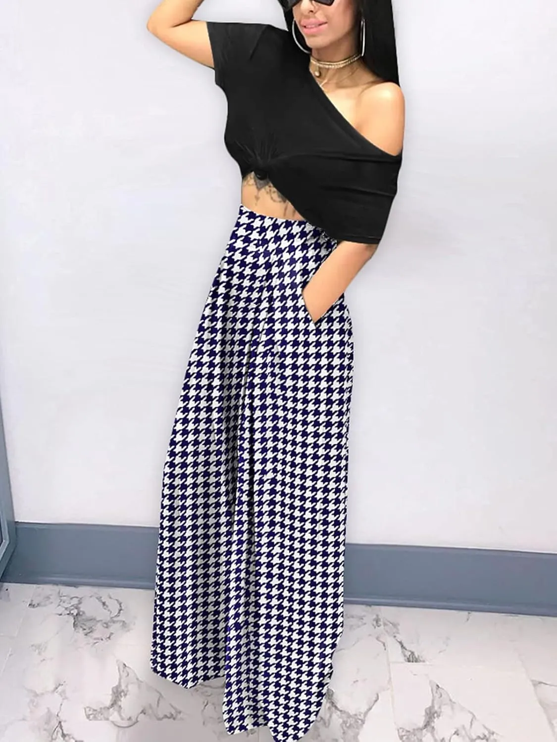 Famnbro Women's Floral Print Palazzo Pants Loose Fit Elastic High Waist Long Wide Leg Trousers Plus Size