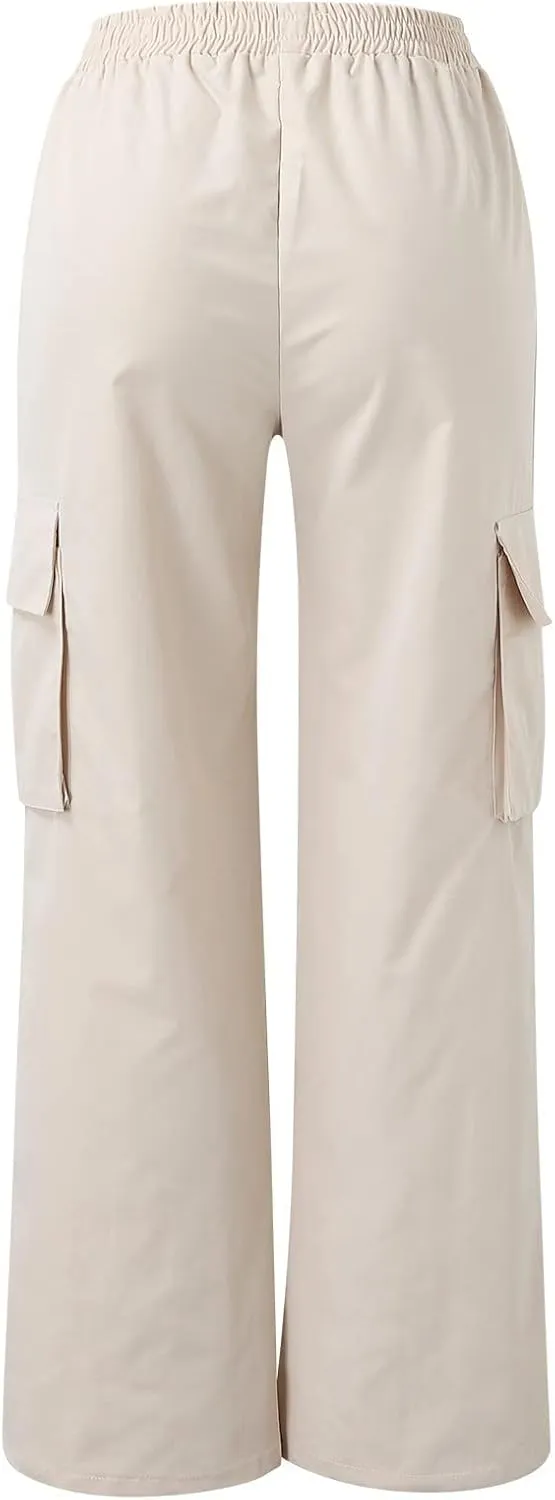 fanmpghleoo Cargo Pants Women Baggy High Waisted Wide Leg Pants Casual Elastic Waist Pull On Carpenter Pants with Pockets