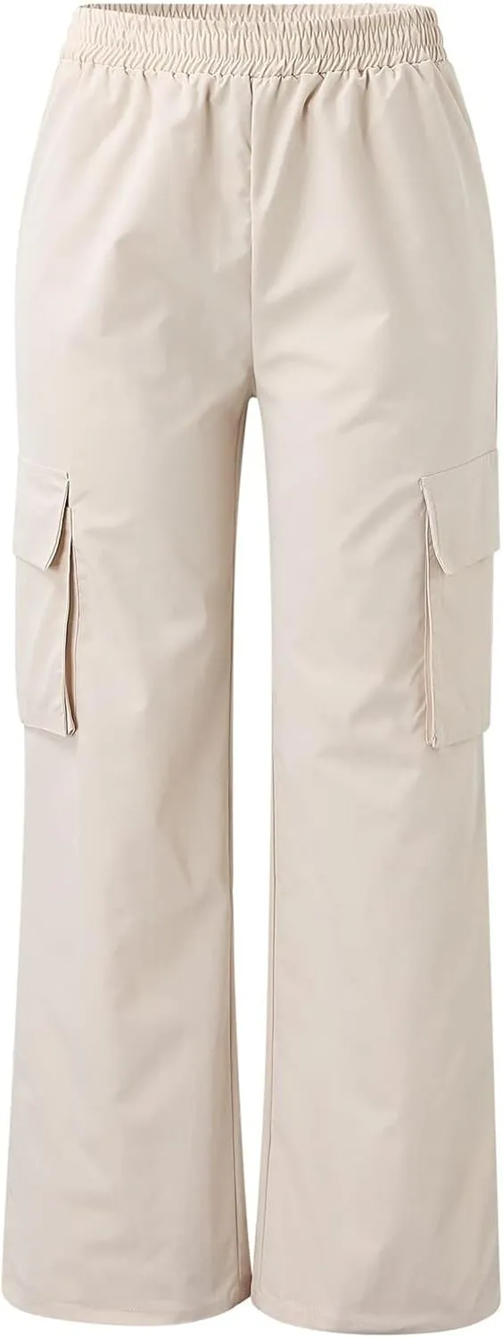 fanmpghleoo Cargo Pants Women Baggy High Waisted Wide Leg Pants Casual Elastic Waist Pull On Carpenter Pants with Pockets