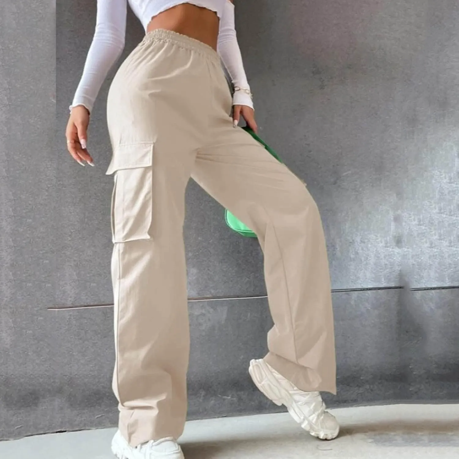 fanmpghleoo Cargo Pants Women Baggy High Waisted Wide Leg Pants Casual Elastic Waist Pull On Carpenter Pants with Pockets