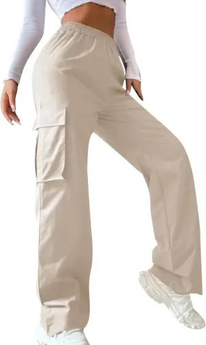 fanmpghleoo Cargo Pants Women Baggy High Waisted Wide Leg Pants Casual Elastic Waist Pull On Carpenter Pants with Pockets