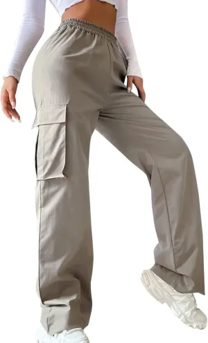 fanmpghleoo Cargo Pants Women Baggy High Waisted Wide Leg Pants Casual Elastic Waist Pull On Carpenter Pants with Pockets