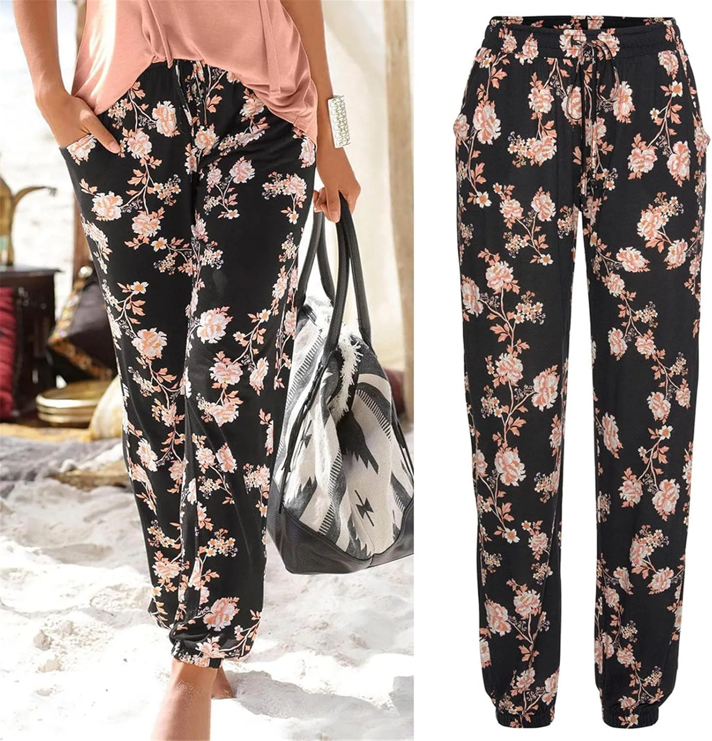 FarJing Women's Boho Palazzo Pants Casual Comfy High Waist Print Stretch Beach Trousers Lounge Pants Wide Leg