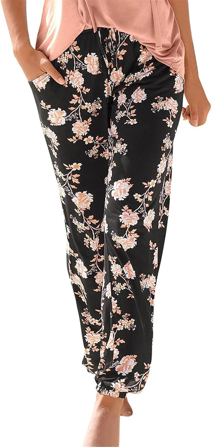 FarJing Women's Boho Palazzo Pants Casual Comfy High Waist Print Stretch Beach Trousers Lounge Pants Wide Leg