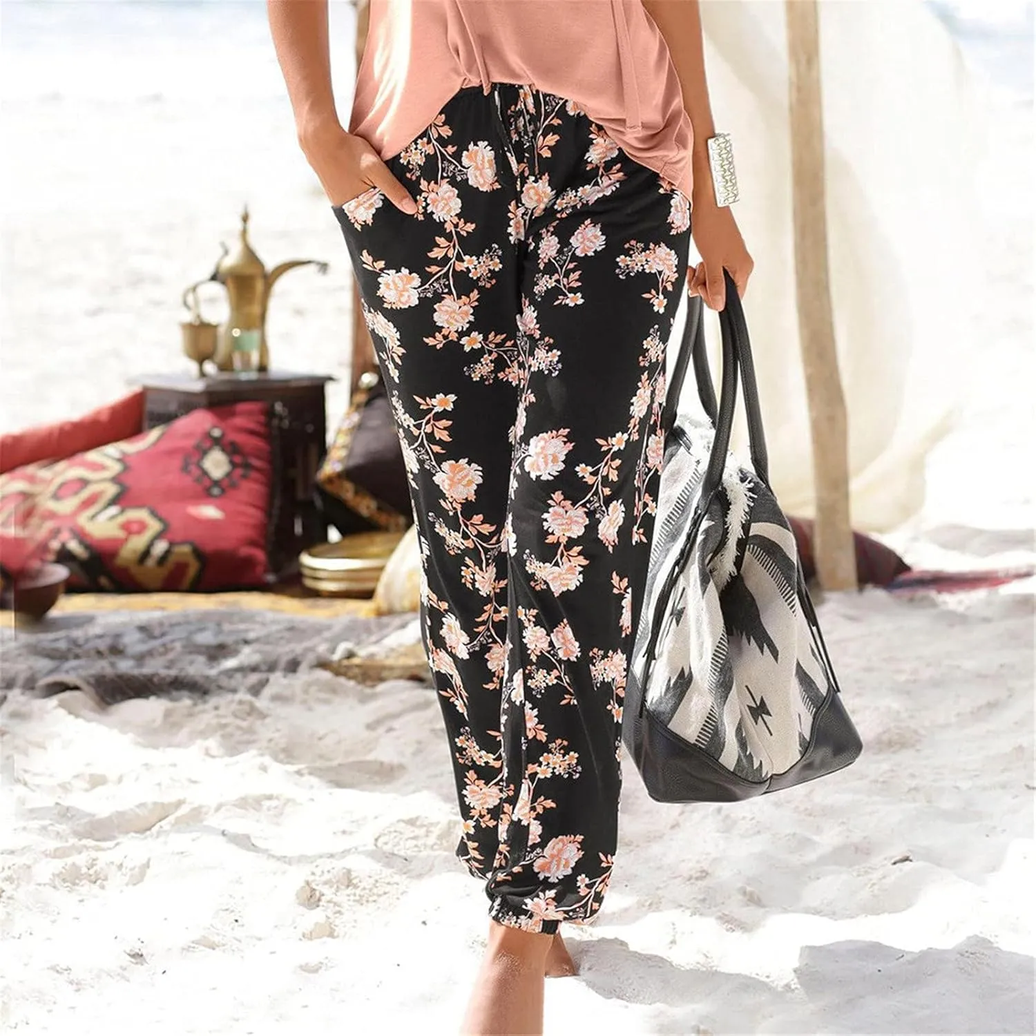 FarJing Women's Boho Palazzo Pants Casual Comfy High Waist Print Stretch Beach Trousers Lounge Pants Wide Leg