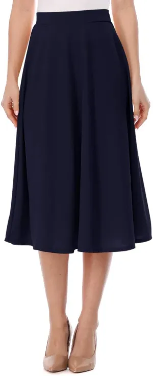 FashionJOA Women's Solid Print Casual Comfy Sexy Office Work Relaxed Fit A-Line Midi Skirt