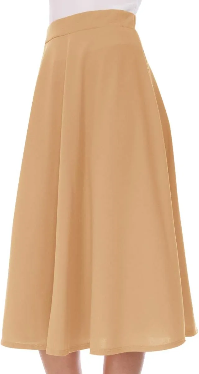 FashionJOA Women's Solid Print Casual Comfy Sexy Office Work Relaxed Fit A-Line Midi Skirt