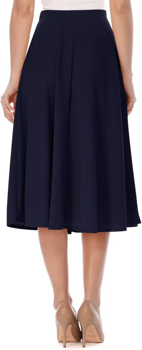 FashionJOA Women's Solid Print Casual Comfy Sexy Office Work Relaxed Fit A-Line Midi Skirt
