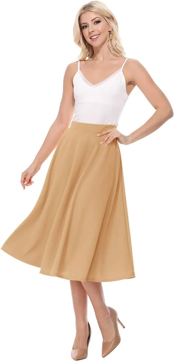 FashionJOA Women's Solid Print Casual Comfy Sexy Office Work Relaxed Fit A-Line Midi Skirt