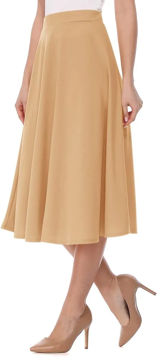 FashionJOA Women's Solid Print Casual Comfy Sexy Office Work Relaxed Fit A-Line Midi Skirt