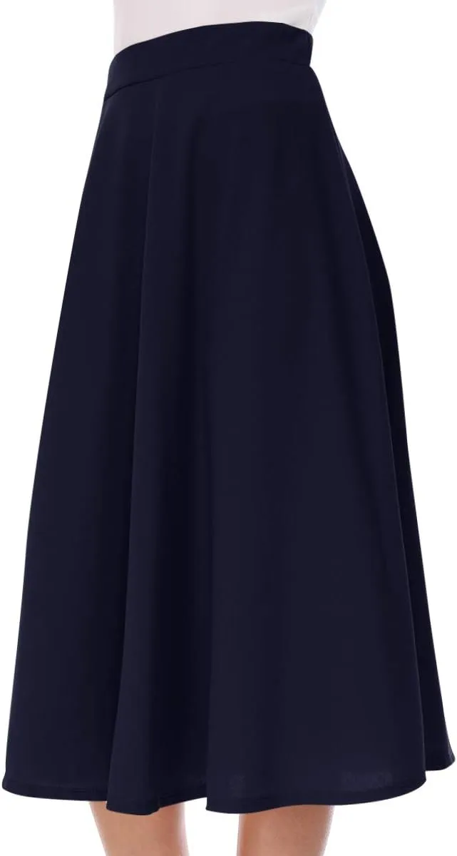 FashionJOA Women's Solid Print Casual Comfy Sexy Office Work Relaxed Fit A-Line Midi Skirt
