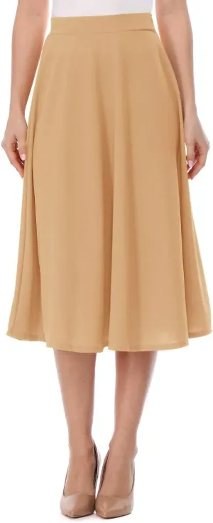 FashionJOA Women's Solid Print Casual Comfy Sexy Office Work Relaxed Fit A-Line Midi Skirt