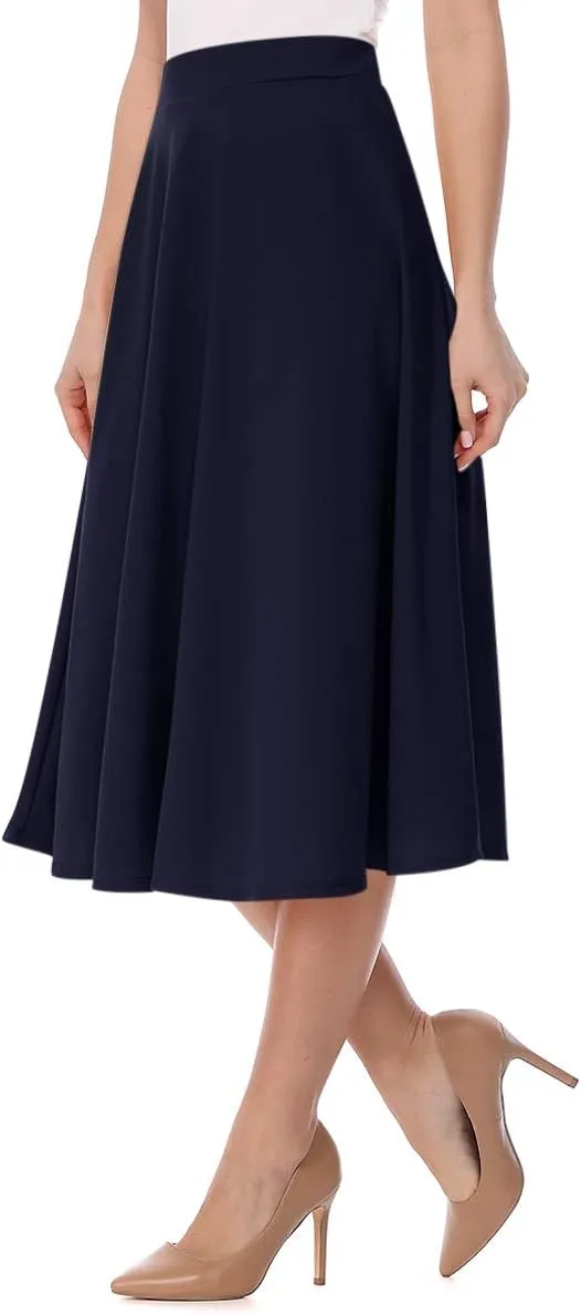 FashionJOA Women's Solid Print Casual Comfy Sexy Office Work Relaxed Fit A-Line Midi Skirt