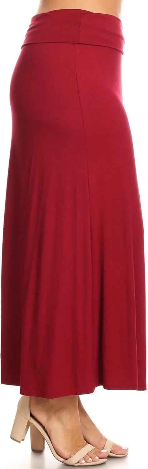 FashionStream Women's Plus Size High Waist Foldable Elastic Band Relaxed Fit Solid Maxi Skirt