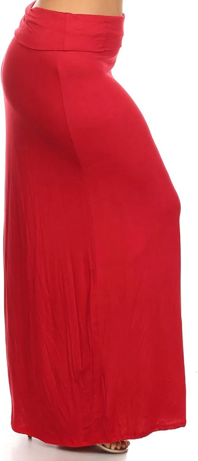 FashionStream Women's Plus Size High Waist Foldable Elastic Band Relaxed Fit Solid Maxi Skirt