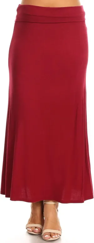 FashionStream Women's Plus Size High Waist Foldable Elastic Band Relaxed Fit Solid Maxi Skirt