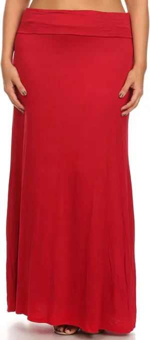 FashionStream Women's Plus Size High Waist Foldable Elastic Band Relaxed Fit Solid Maxi Skirt