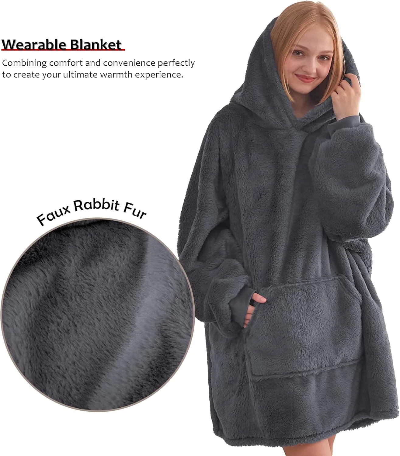 Faux Fur Wearable Blanket, Warm and Cozy Giant Blanket Hoodie, Wearable Blanket with Sleeves and Giant Pocket