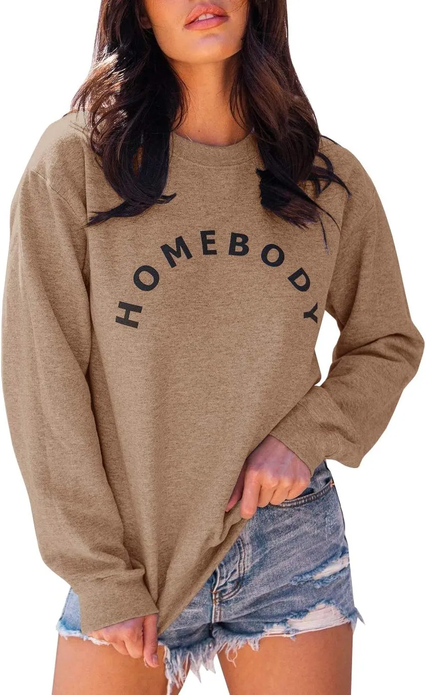 FISACE Womens Graphic Sweatshirt Crew Neck Solid Color Long Sleeve Casual Loose Letter Pullover Tops