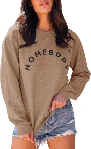 FISACE Womens Graphic Sweatshirt Crew Neck Solid Color Long Sleeve Casual Loose Letter Pullover Tops