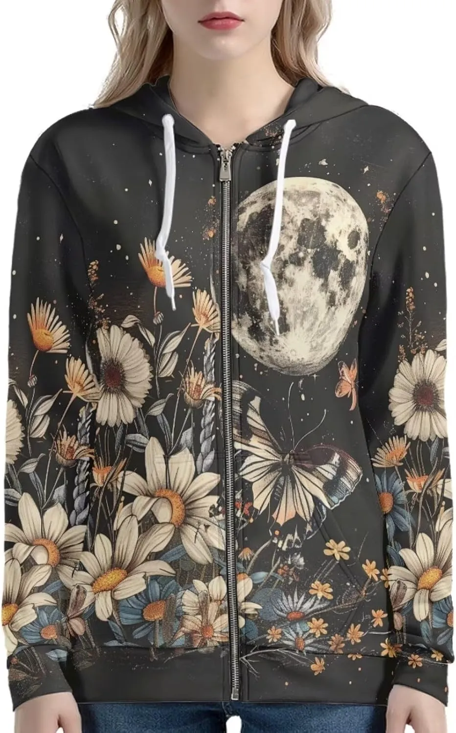 Flashideas Womens Zip Up Hoodies Long Sleeve Drawstring Oversized Casual Sweatshirts Jacket with Pocket